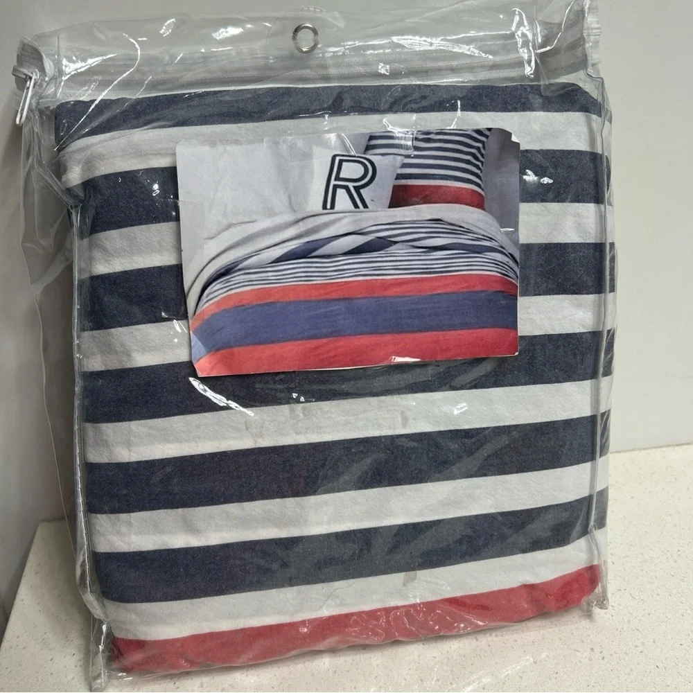 Land of Nod Striped Navy and Red Twin Duvet and Pillowcase Bedding Set